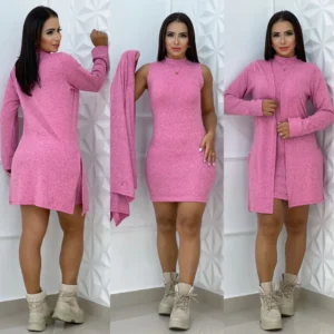 conjunto vestido e cardigã novidade feminino inverno tendência da moda varias cores  produto da shopee clique em comprar