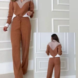 Conjunto blusa e calça de frio listrado canelado mousse inverno tricot Produto shopee clique em comprar