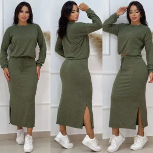 Conjunto feminino de inverno blusa cropped e saia midi lã lanzinha produto da shopee clique  em comprar