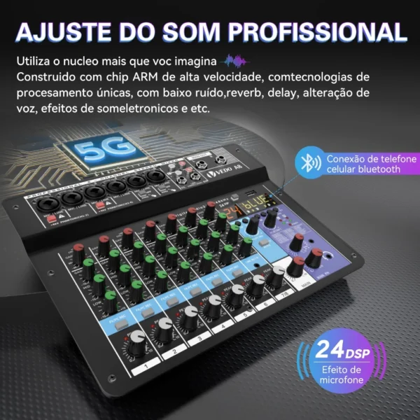 Professional Audio Sound Mixing Console, 8 Channel Mixer, Interface USB, Entrada de Computador, 48V Phantom Stage - Imagem 3