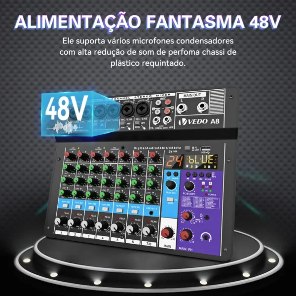 Professional Audio Sound Mixing Console, 8 Channel Mixer, Interface USB, Entrada de Computador, 48V Phantom Stage - Imagem 2