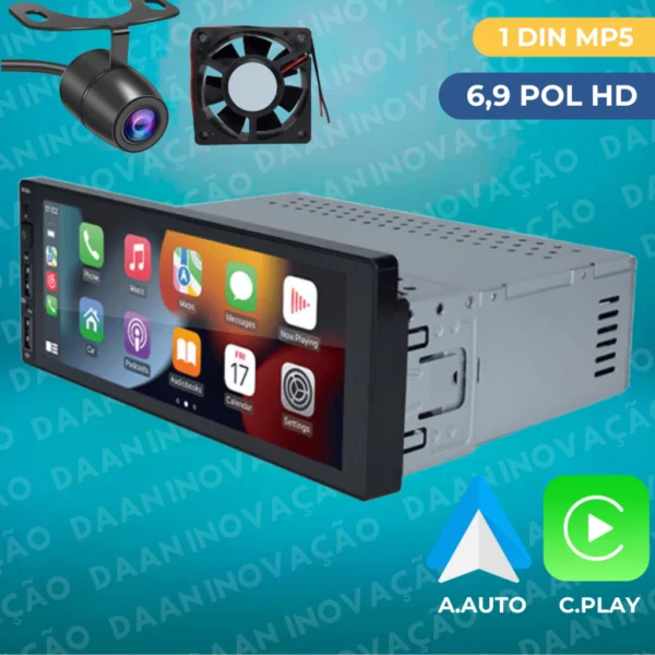 Central Multimidia Carplay e Android Auto MP5 6,9Pol 1 Din Espelhamento Bluetooth USB HD Touch Screen - Imagem 2