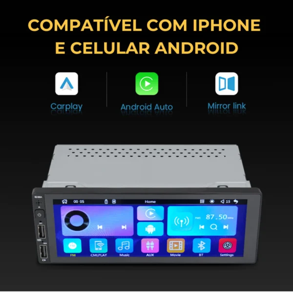 Central Multimidia Carplay e Android Auto MP5 6,9Pol 1 Din Espelhamento Bluetooth USB HD Touch Screen